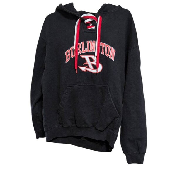 Burlington Hoodie Pullover Black Drawstring V Neckline Fleece Shirt with Pouch - Picture 1 of 6